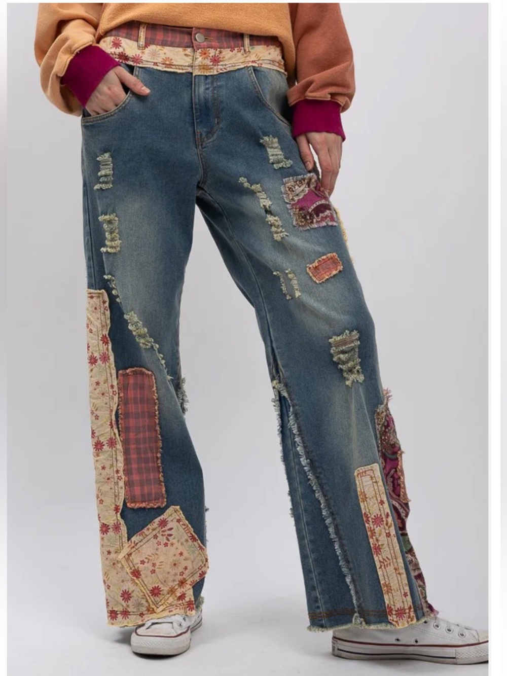 Blue Velvet Boho Patchwork Wide-Leg Jeans in Blue